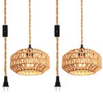 IHENGYANLT 2 Pack Plug in Pendant Light Rattan Hanging Lamp with Switch Hemp Rope Cord Boho Woven Wicker Lampshade Hanging Lights with Plug in Cord Plug in Ceiling Light Fixture for Living Room