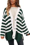 PRETTYGARDEN Women's Winter Striped Cardigan Sweaters Long Sleeve Button Down Open Front Chunky Knit Oversized Sweater Coat (Striped Dark Green White,Medium)