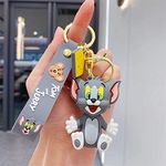 Classic Quirk Cute Cartoon Tom Cat Silicone 3D Key Chain with Strap Charm & Metal Hook, Merchandise Attractive Key Rings Gift for Kids Girls Boys Men & Women (Grey Tom)