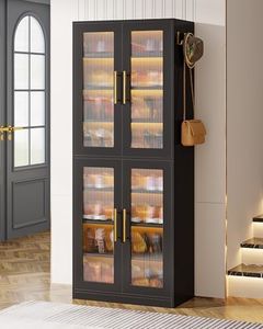 Tribesigns Tall Shoe Storage Cabinet with Acrylic Doors and LED Lights, 8-Tier Shoe Organizer Rack with Adjustable Shelves & Hanging Hooks for Narrow Closet, Hallway, Living Room, Black (Set of 2)