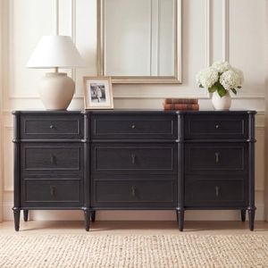STO'SENSE 63-Inch 9-Drawer Dresser for Bedroom with Power Outlet, Wide Wood Chest of Drawers with Vintage Pulls, Framed Drawer Fronts and Solid Wood Tapered Legs, Farmhouse TV Stand,Black