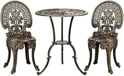 LI LIVSIP 3 Piece Patio Bistro Set - Outdoor Table and Chairs Set of 2 Cast Aluminum with Parasol Hole, Antique Furniture for Terrace Courtyard Garden, Crown Pattern Bronze