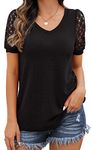 IWOLLENCE Short Sleeve Tops for Women UK Going Out Womens Blouses V-Neck Ladies Dressy Lace Sleeve T Shirts (Black, Large)