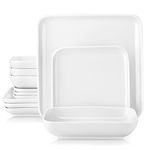 MALACASA Dinner Sets, 12-Piece Porcelain Tableware Plates and Bowls Set Square Dinnerware Sets with 4-Piece Dinner Plates/Dessert Plates/Soup Plates,Dinner Service for 4,Series Ivy,White