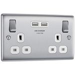 British General nbs22u3w Electrical Double Switched Fast Power Socket with Two USB Charging Ports, 13 Amp, Brushed Steel, Label ‘1’