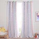 NICETOWN Kids Curtains 84 Inch Long, Thermal Insulated Twinkle Star Blackout Drapes White Sheer Overlay Girls Room Decor (52-in Wide, 2 Pieces, Pink and Grey, 4 Tie Backs Included)