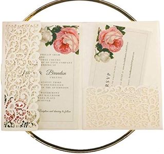 25pcs 5"x7.28" Ivory Vintage Tri Fold Wedding Invitations Cards Pocket Pearl Paper Laser Cut Hollow Carving Greeting invites Covers only no Envelope no Insert 125 x 185mm/4.92'' x 7.28 Ivory Cover