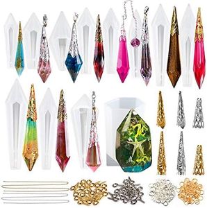 Pendulum Crystal Point Resin Silicone Moulds 12-Count Jewellery Casting 220-Kits Set Filigree Cone Caps, Necklace Chains, Screw Eye Pins, Open Jump Rings