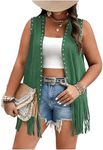 Verdusa Women's Plus Size Fringe Vest Faux Suede Rivets Sleeveless Tassel Jacket Green 1XL