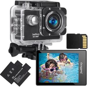 Jadfezy Action Camera FHD 1080P with Memory Card, 98FT/30M Underwater Waterproof Camera with 2 Rechargeable Batteries, Wide Angle sports camera with Accessories Kit Suitable for Helmet, Bicycle