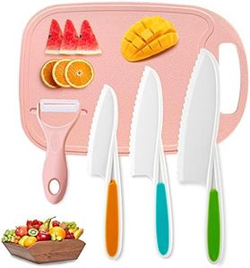 Kids Knifes Set,Nylon Knives Safe Baking Cutting Cooking Children's Beginners Cut Fruits Salad Veggies CakeFun Firm Grip Serrated Edges Friendly Childrens Knife With Cutting Board Peeler 5Pack (pink)
