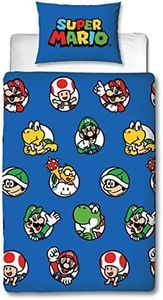 Nintendo Super Mario Official Single Duvet Cover Set, Continue Design | Blue Reversible 2 Sided Bedding Cover Official Merchandise Including Matching Pillow Case