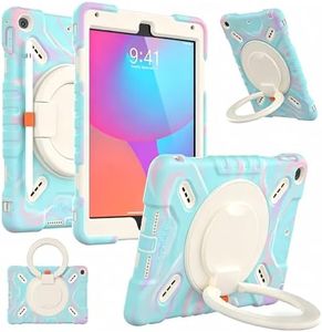 PEPKOO Triple Shockproof Case for iPad 5th/6th Generation 9.7 inch 2017 2018 and iPad Air 2 Gen, Heavy Duty Kid Boy Girl Cover with Pencil Holder/Handle Kickstand/Shoulder Strap, Colorful Blue