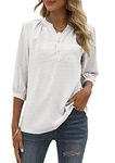 YMING Women V Neck Blouse Button Down 3/4 Sleeve Shirts Loose Swiss Dot Shirt White XXL