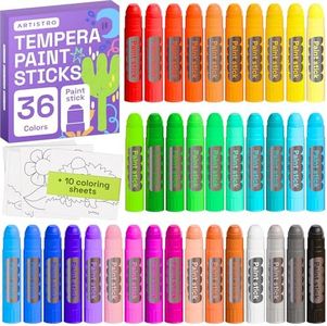 ARTISTRO 100% Washable Tempera Paint Sticks for Kids - 36 Non-toxic Paint Markers for Kids - Color Sticks with Twist Design, Coloring Pages Included