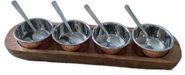 Copper Chutney Tray Relish Condiment Serving Set 4 Pot Pickle Set 9 pcs Wood Base Set Restaurant Serving