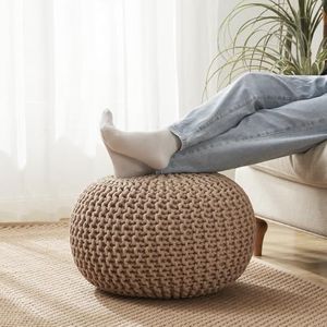 Pouf Ottoman Foot Rest Stuffed – 20” Diameter x 14” Tall Cozy Floor Pouf for Living Room, Bedroom, Nursery & More – 100% Cotton Knit Shell, EPS Bead Filled Footrest & Accent Chair, Taupe