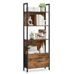 VASAGLE 5-Tier Bookshelf, Book Shelf with Drawer, Industrial Bookcase, with Steel Frame, for Living Room, Home Office, Bedroom, 9.4 x 23.6 x 65 Inches, Rustic Brown and Black ULLS147B01