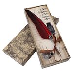 Feather Quill Pen Set Calligraphy Writing Quill Ink Dip Pen with Ink and 5pcs Stainless Steel Nibs Calligraphy Pen in Gift Box(Red)