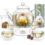 Teabloom Complete Tea Set – Glass Teapot (1.2 L), Loose Tea Glass Infuser, 4 Insulated Teacups, Tea Warmer, and 12 Flowering Teas – Elegant Blooming Tea Gift Set