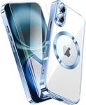 QiiStar Clear Titanium for iPhone 16 Plus Case,iPhone 16+ Phone Cover with Screen Protector [Compatible with MagSafe][Full Camera Cover Protection] Metallic Glossy Luxury Soft TPU Case,Blue