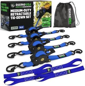 Rhino USA Retractable Ratchet Tie Down Straps (4PK) - 1,209lb Guaranteed Max Break Strength, Includes (4) Ultimate 1" x 10' Autoretract Tie Downs with Padded Handles. Use for Boat, Securing Cargo