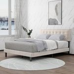 Tuconia Queen Size Bed Frame Velvet Upholstered Platform with Adjustable Headboard Wood Slats Support No Box Spring Needed Easy Assembly Beige