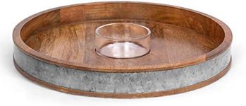 BIRDROCK HOME Wooden & Iron Chip Dip Serving Tray w/Glass Dip Bowl | Extra Large Decorative Kitchen Platter | Salsa, Guacamole, Veggies, Cheese | Decor for Coffee Table, Dining & Living Room - Round