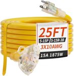 PlugSaf 25 FT 10/3 Gauge Outdoor Extension Cord with Multiple Outlets Light Indicator, Flexible 3 Outlet Weatherproof Heavy Duty Extension Cord Waterproof Yellow, 15A 1875W 10AWG SJTW, ETL Listed