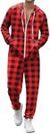 Ekouaer Christmas Onesie Adult Hooded Zipper Mens 0nesie Pajamas Soft One Piece Pajamas with Pocket Red Plaid