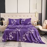 Bedlifes Floral Sheet Set Elegant Flower Printed Bed Sheets Deep Pocket Flat Sheet& Fitted Sheet& Pillowcases 100% Microfiber 4PCS Purple King