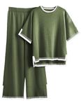 Famulily Women's Sweatsuits Elastic Knit Lounge Set Pajamas Set Short Sleeves Tops Sets Wide Leg Pant Set Summer 2 Piece Outfits Track Suits Army Green S