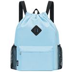 WANDF Drawstring Backpack Sports Gym Bag with Shoes Compartment, Water-Resistant String Backpack Cinch for Women Men (Light Blue, Large)