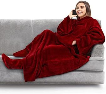 PAVILIA Fleece Blanket with Sleeves and Foot Pockets for Women Men Adult, Wearable Blanket Throw Wrap, Warm Cozy Extra Soft Sleep Hug Blanket with Feet, Gift for Women Mom (Burgundy Red)
