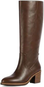 QIY Boots for Women Round Toe Knee High Riding Boots, Retro Brown, 11