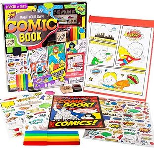 Made By Me Make Your Own Comic Book Storytelling Kit for Kids, 15-Page, Hardcover, How-to Draw Instructional Guide, Comic Inspired Stickers & Stamp, Holographic Stickers, 5 Vibrant Markers