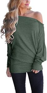 Lacozy Women's Sexy Off Shoulder Tops Long Sleeve Loose Oversized Pullover Sweater Knit Jumper Green M