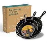 nuovva Pre-Seasoned Cast Iron Skillet Frying Pans Oven Safe Cookware for Indoor & Outdoor Use - Grill, StoveTop, PFOA & PTFE Free (3-Piece Chef Set 6-Inch 15cm, 8-Inch 20cm, 10-Inch 25cm)
