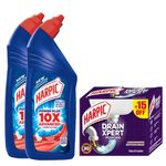 Harpic Disinfectant Toilet Cleaner Liquid, Original - 1 L (Pack of 2) + Harpic Drain Xpert Drain Cleaning Powder (50g x 8)