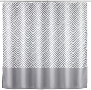 Wenko Cortina de Ducha antimoho «Echo», Cortina Textil antibacteriana con Efecto antimoho, Lavable, Impermeable, con 12 Anillos para la fijación a la Barra de la Ducha, 180 x 200 cm, Gris/Blanco