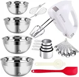 WEPSEN 5-Speed Electric Hand Mixer, 4 Large Mixing Bowls Set, Handheld Mixers with Whisks Beater, Stainless Steel Metal Nesting Bowl Measuring Cups Spoons Kitchen Cake Blender for Baking Supplies