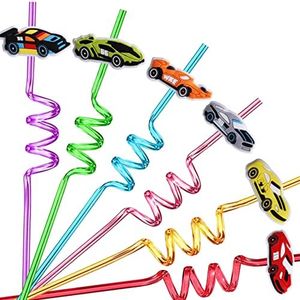 24 Race Car Birthday Party Supplies for Boys, Race Car Party Favors for Hot Wheels Party, Race Car Drinking Straws for Two Fast Birthday Decorations, Straws With 2 Pcs Cleaning Brushes