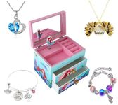 Kids Unicorn/Castle/Princess Wooden Musical Jewelry Box for Girls with Matching Jewelry Set (B-Mermaid)