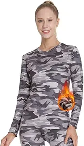 MANCYFIT Womens Thermal Tops Fleece Lined Shirt Long Sleeve Base Layer Striped Shirt Camouflage Gray X-Large