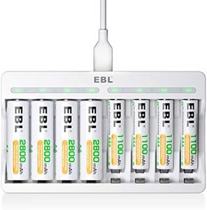 EBL 8 Slots AA AAA Battery Charger and 4 AA and 4 AAA Rechargeable Batteries - 5V 2A Fast Charging Battery Charger & Battery Sets