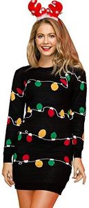 Spadehill Christmas Womens Funny A Line Ugly Sweater Dress Long Sleeve Elf Casual Holiday Santa Costume Xmas Light XXL