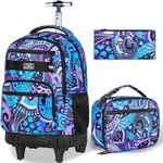 Rolling Backpack for Women, Adults Wheeled Bookbag with Lunch Box for Girls, Water Resistant Roller School Bag for College Teens Kids Travel - Purple Flower