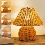 Small Rattan Table Lamp Bamboo Handmade Boho Beside Lamp,3 Colors Adjustable Vintage Wicker Wooden Nightstand Lamp with E26 Bulb for Bedroom Living Room Desk Entrance