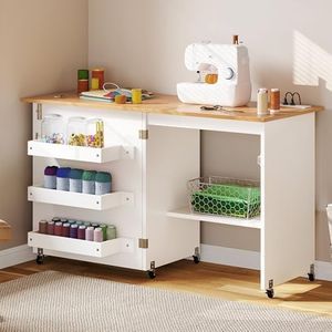 DWVO Folding Sewing Table with Charging Station, Multipurpose Craft Table with Compact Design, Sewing Cabinet with Lockable Casters, Storage Shelves, Magnetic Doors, White