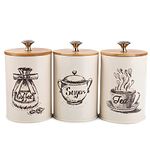 YOUEON Canister Sets for Kitchen Counter, Metal Vintage Kitchen Canisters Set of 3, Coffee Sugar Tea Canister Set, Food Storage Canister with Bamboo Lid, Farmhouse Kitchen Decor, Beige